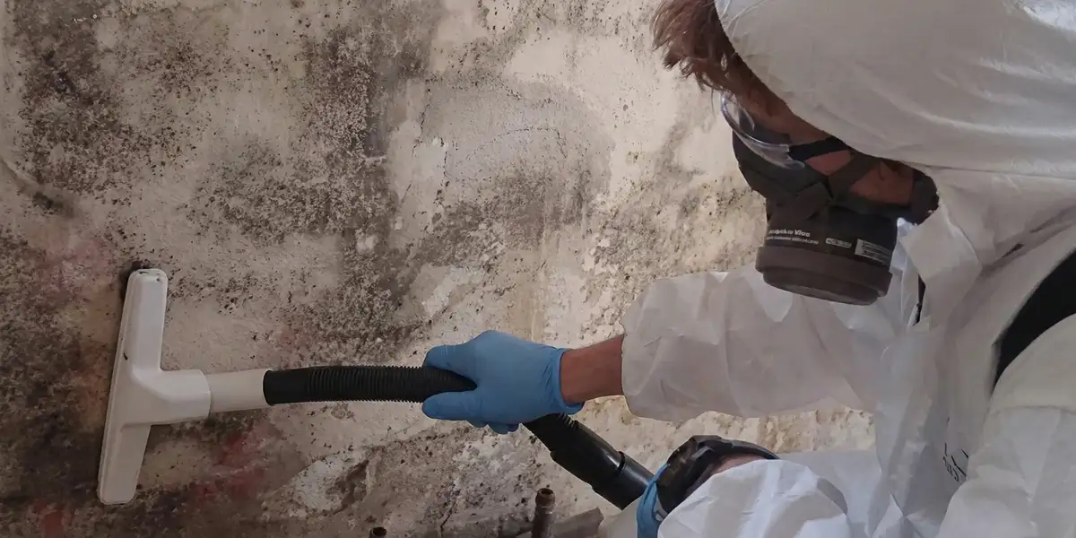professional mold removal technician wearing protective equipment removing mold from a wall in Staten Island, NY